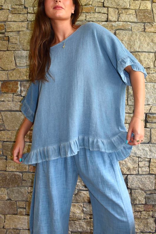 Frame Hopsack Frill Box Top Washed Denim